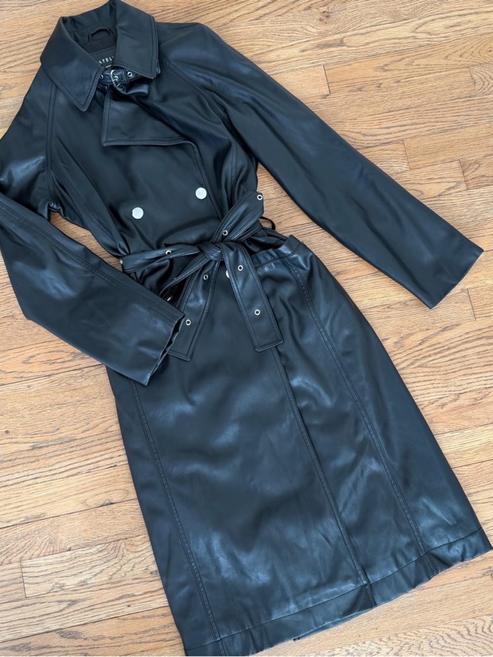 BAGATELLE Black Double-Breasted Leather Trench with Belt
